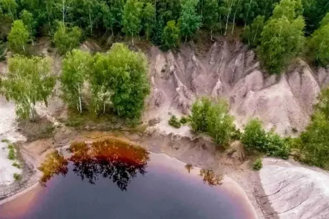 Widok z lotu ptaka na krajobraz przypominający łuk mużakowa z kosmosu, z wodą i drzewami.
